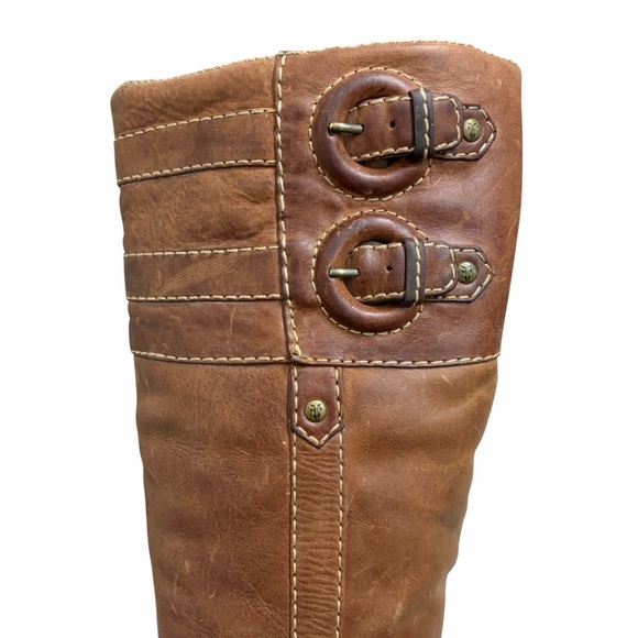 Frye Frankie Buckle Boots Leather Heeled Tall Brown 8 - Picture 6 of 12